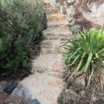 Aménagement paysager extérieur avec surfaces pavées, zones plantées et végétation naturelle autour d’un espace jardin.